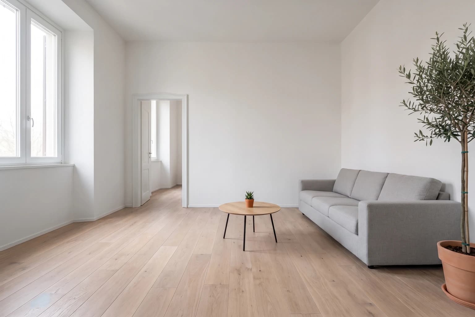 Lo stesso soggiorno con un pavimento in rovere chiaro