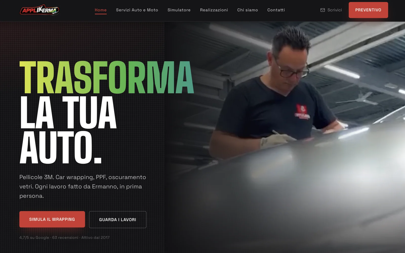 Homepage del sito realizzato per Applikerma, pellicole 3M e car wrapping a Spinea