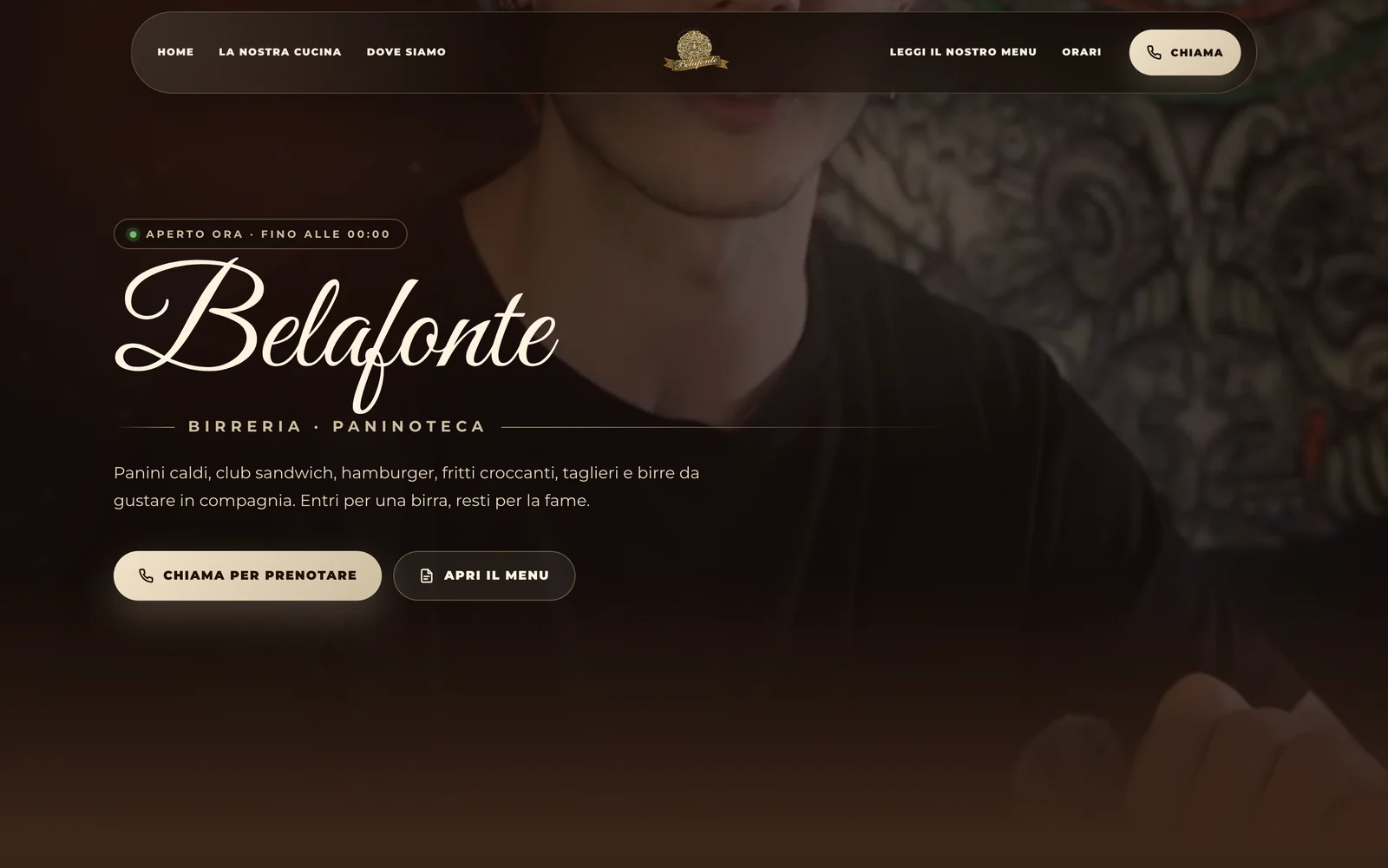 Homepage del sito realizzato per Belafonte, birreria e paninoteca a Mira