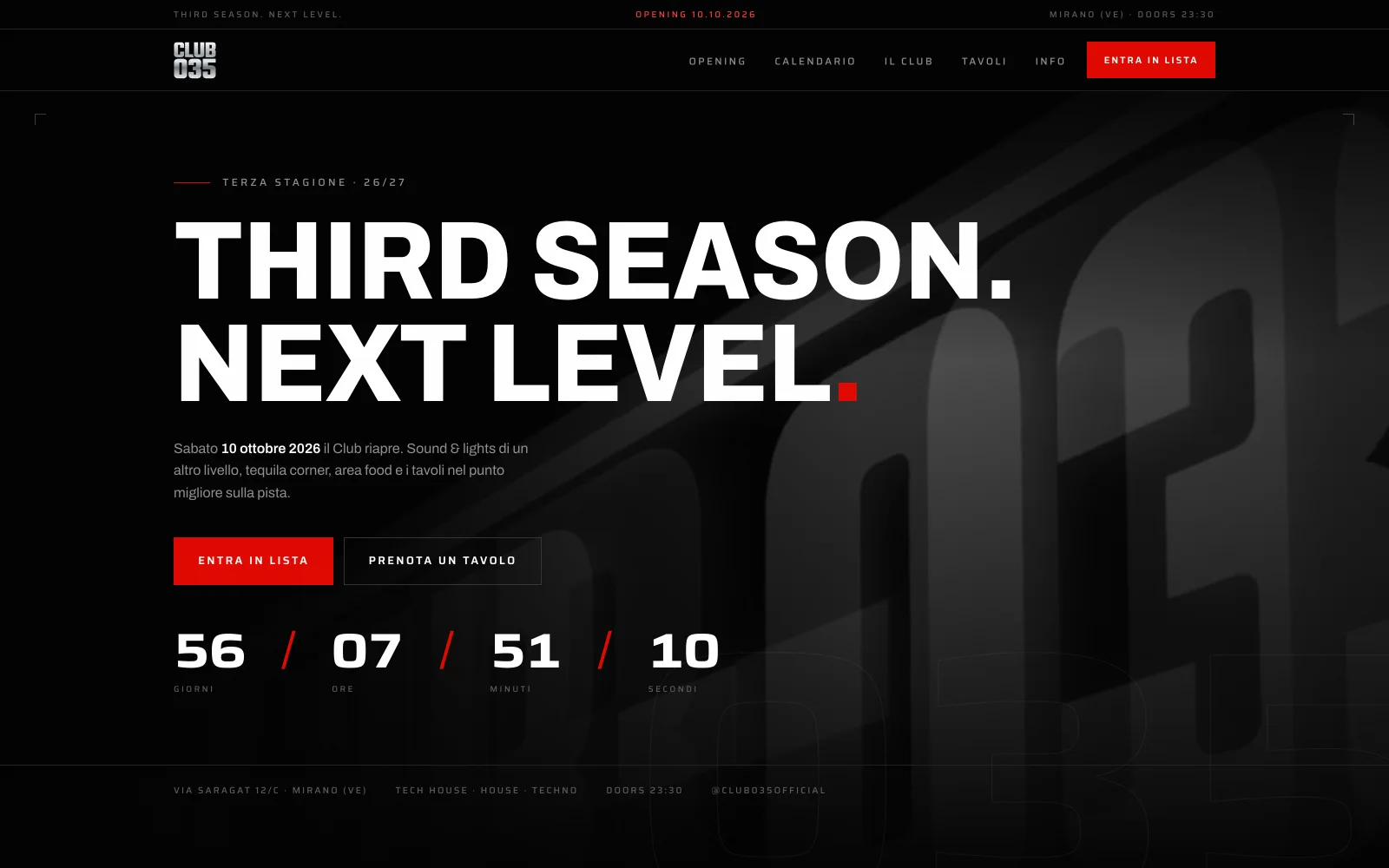 Homepage del sito realizzato per Club 035, discoteca a Mirano
