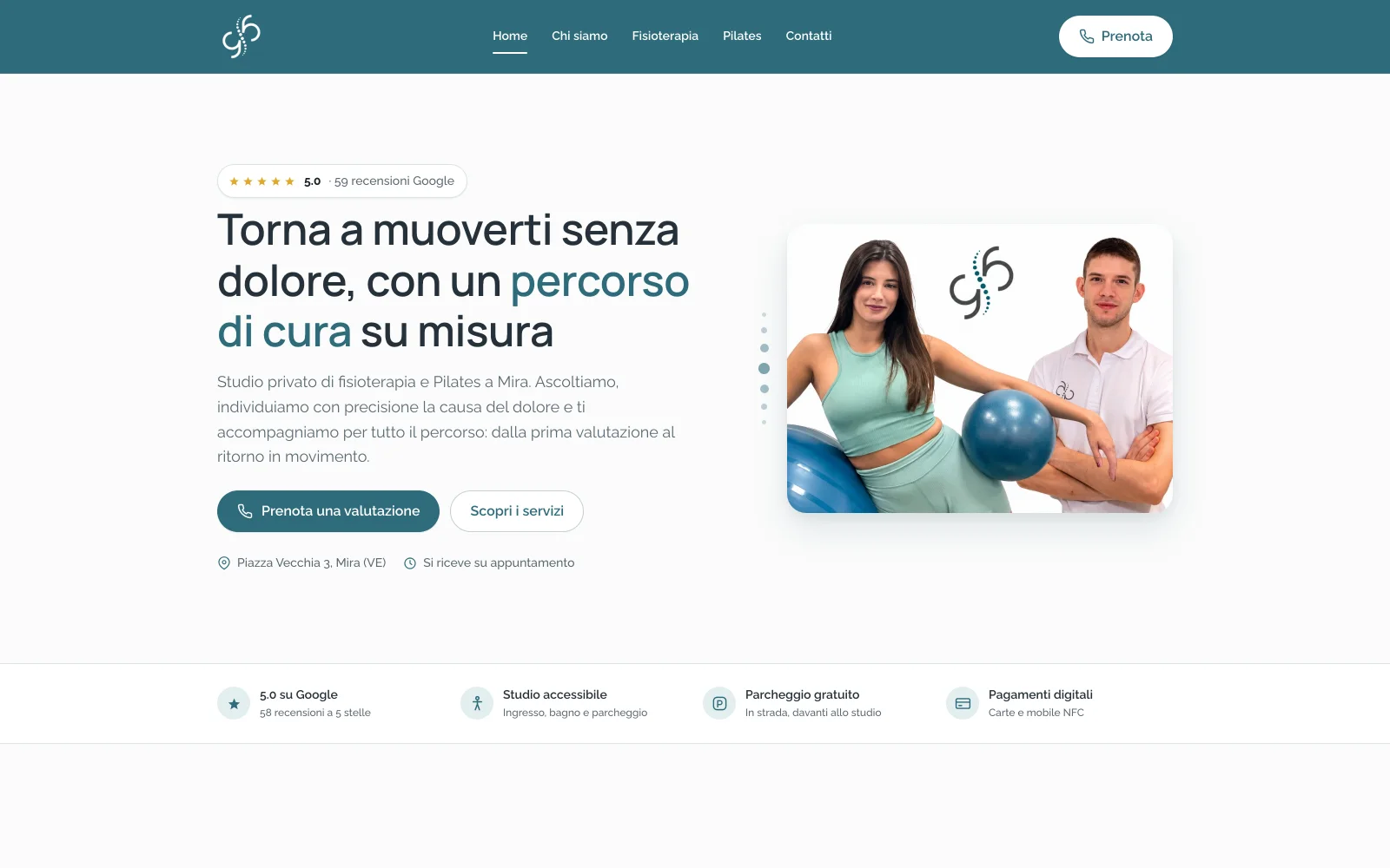 Homepage del sito realizzato per GB Studio Fisioterapia, a Mira
