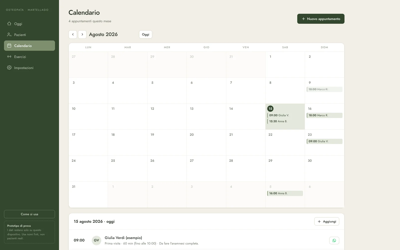 Calendario appuntamenti del gestionale su misura per uno studio di osteopatia