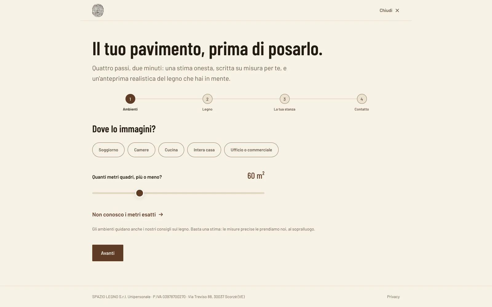 Procedura guidata di preventivo per pavimenti in legno, passaggio dei metri quadri