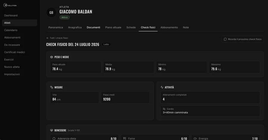 Scheda di un atleta dentro un gestionale sportivo, con i controlli fisici registrati nel tempo
