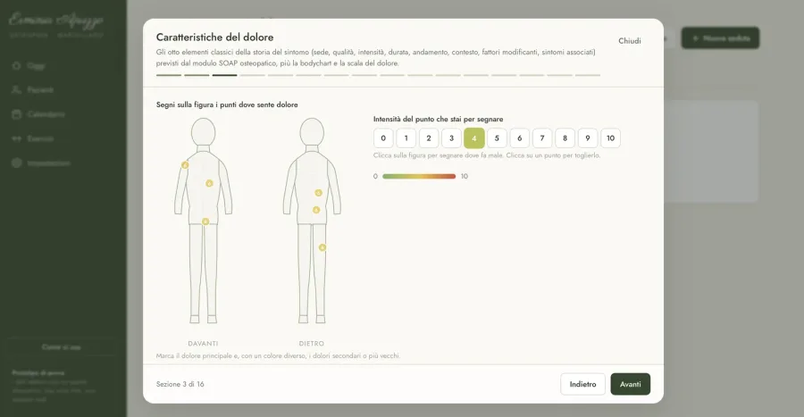 Anamnesi guidata di un gestionale per uno studio di osteopatia, con la mappa del corpo e la scala del dolore